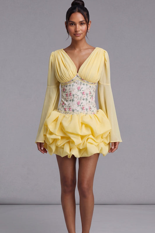 Pastel Yellow Chiffon Fit-and-Flare Mini Dress with Corset Bodice pastel yellow chiffon mini dress - product view 3