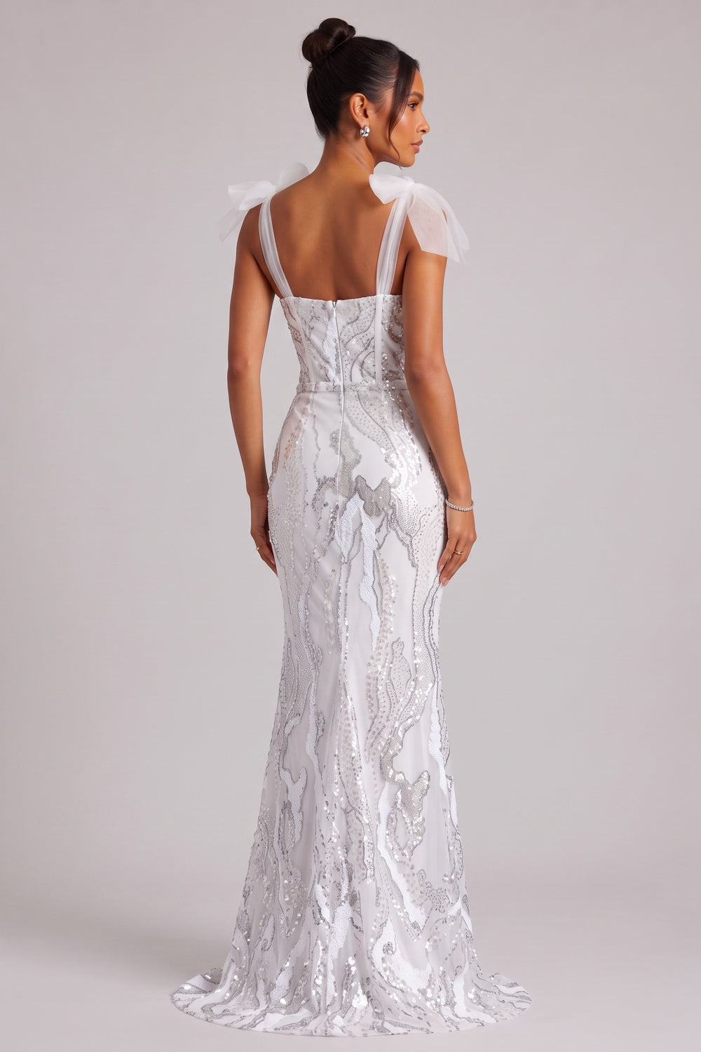 White Sequin Embellished Floor-Length Gown with Bow Shoulder Straps Premium Fabric - product view 3