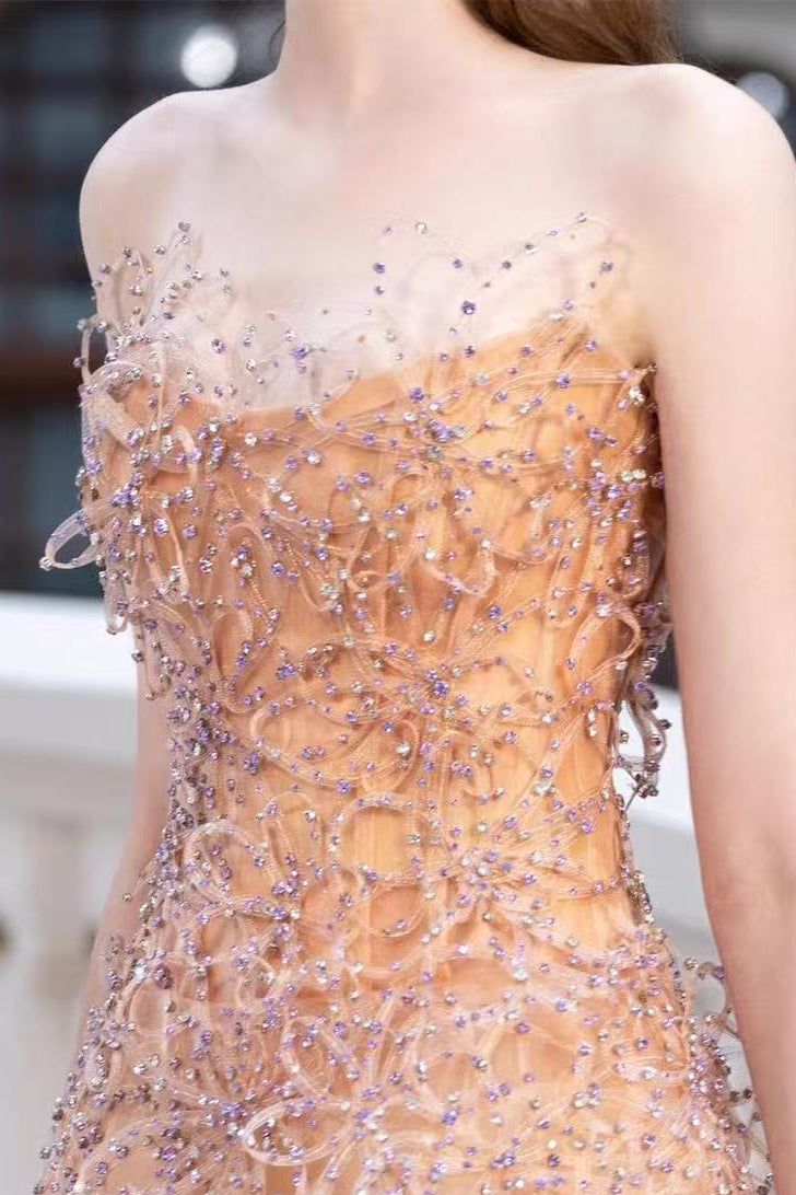 Nude Beaded Strapless Maxi Dress