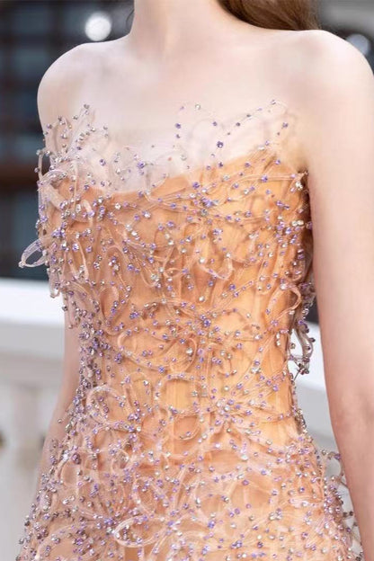 Nude Beaded Strapless Maxi Dress