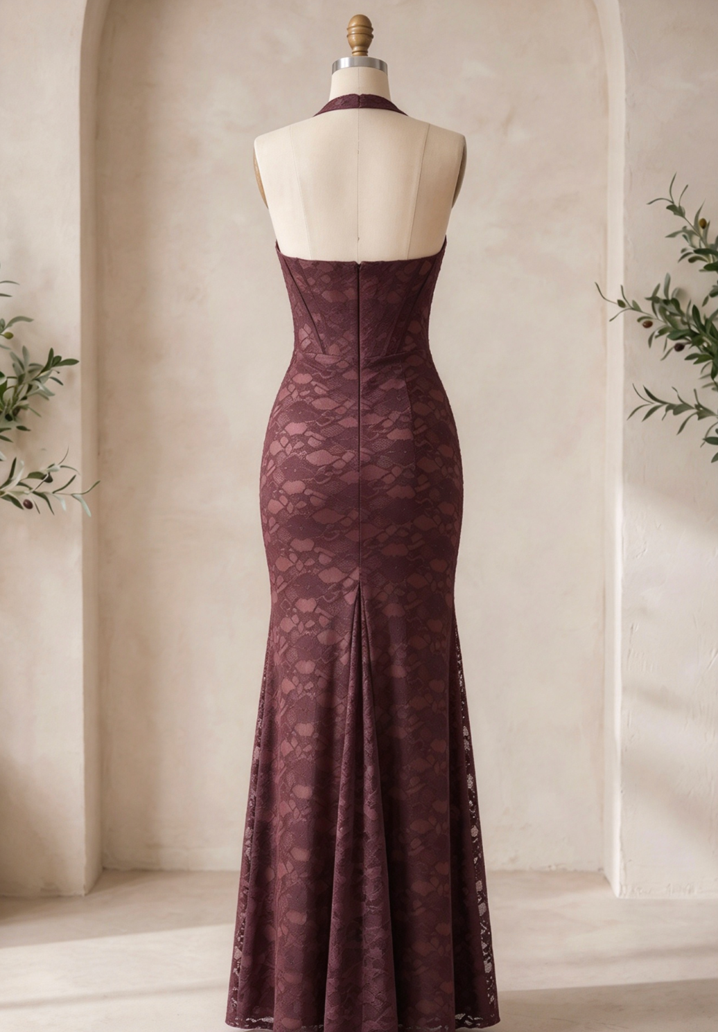 Dark Brown Floral Lace Mermaid Maxi Dress with Corset Bodice
