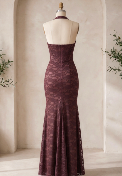 Dark Brown Floral Lace Mermaid Maxi Dress with Corset Bodice