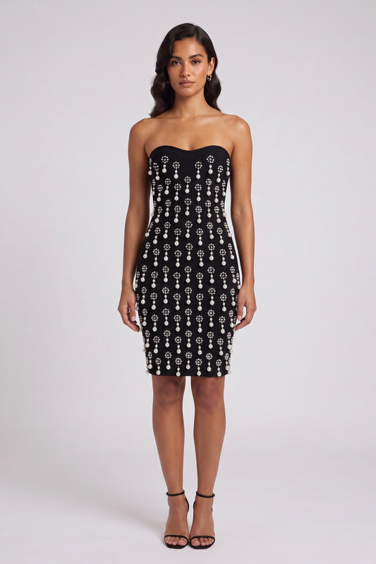 Strapless Pearl Rhinestone Cluster Bodycon Mini Dress