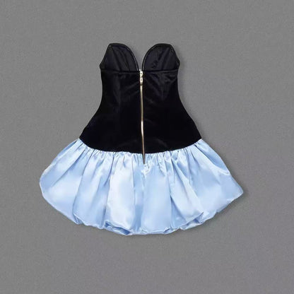 Stanski Strapless Velvet Bow Puffy Satin Mini Dress
