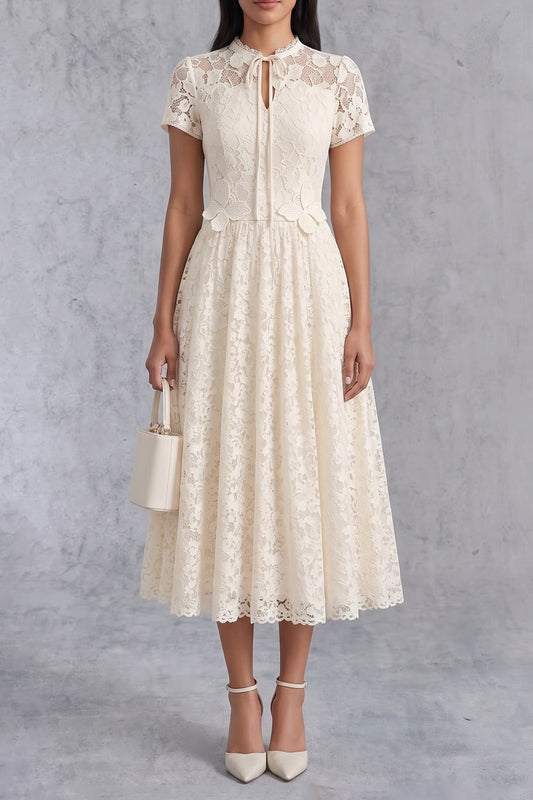 Cream Lace Tie Neck Short Sleeve A-Line Midi Dress
