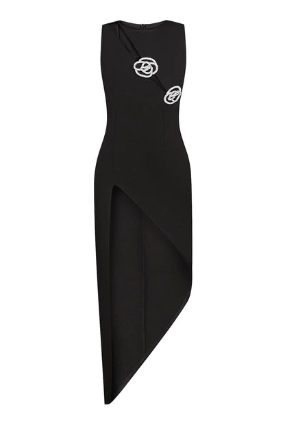 Crystal Rose Detailed High-Slit Black Dress
