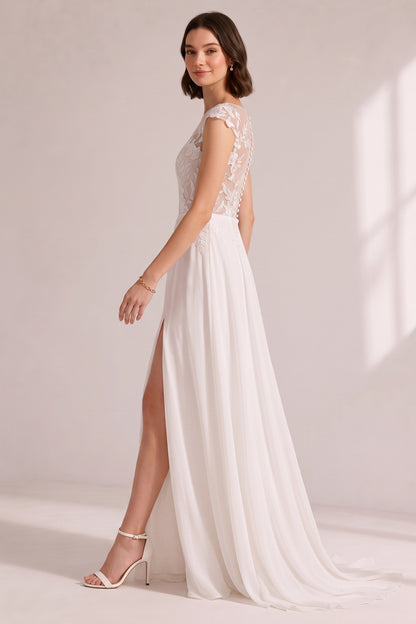 Illusion Cap Sleeve Floral Lace High Slit Chiffon Wedding Gown