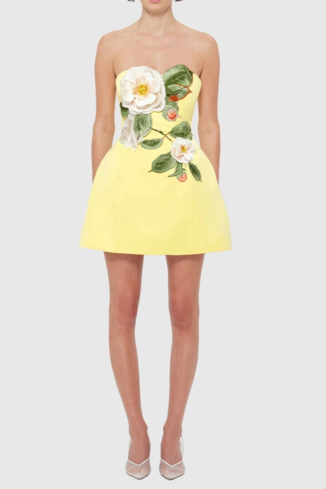 suzanne Appliqué Floral Bustier Mini Dress in yellow