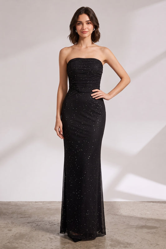 black mesh overlay fitted column gown black mesh overlay gown - product view 1