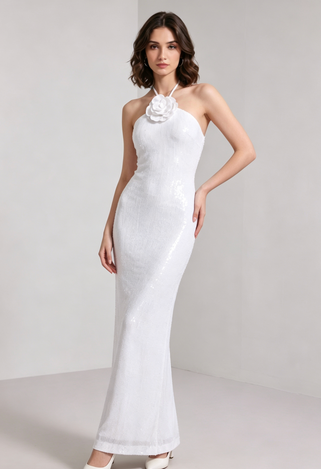 White Sequined Mesh Column Dress with Flower Embellishment