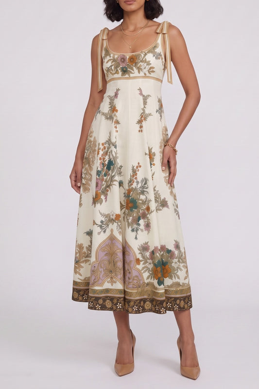 Tie Strap Vintage Floral Empire Midi Dress
