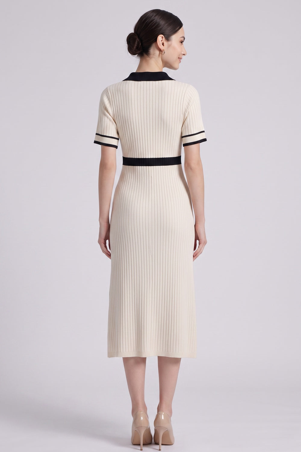 Cream Ribbed Knit Midi Dress with Black Contrast Trim cream ribbed knit dress - product view 5