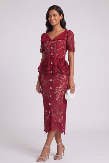 Dark Red Corded Floral Lace Sheath with Peplum Dress dark red corded floral lace dress - product view 3