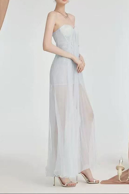 Thea Strapless Mesh Backless maxi Dress in light blue