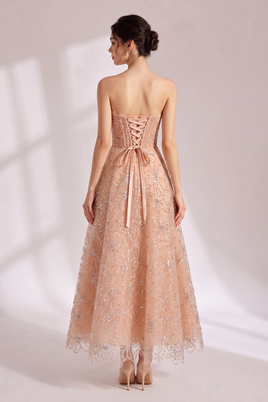 Nude Beaded Strapless Maxi Dress Premium Fabric - product view 3