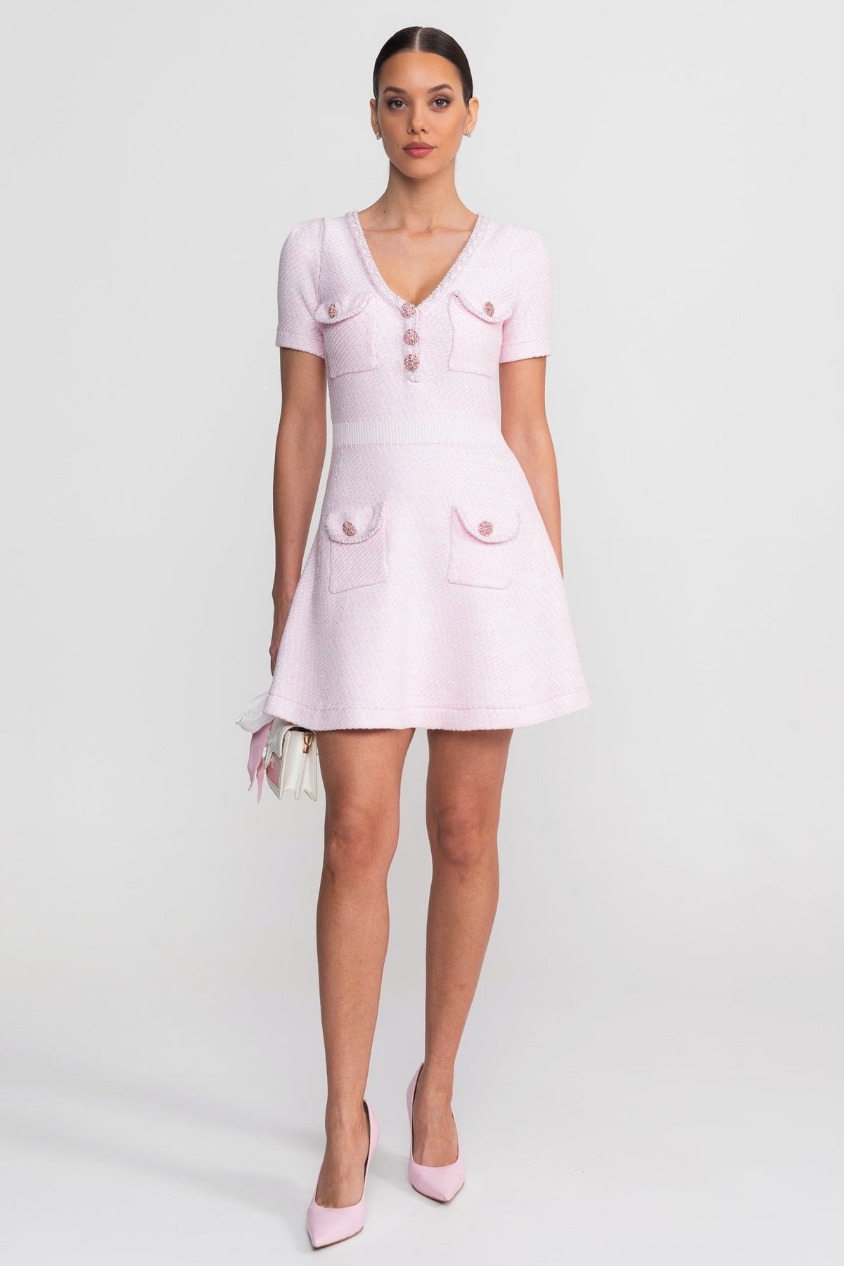 sandra Textured Mini Dress With V-Neckline And Jewel Buttons - Pink