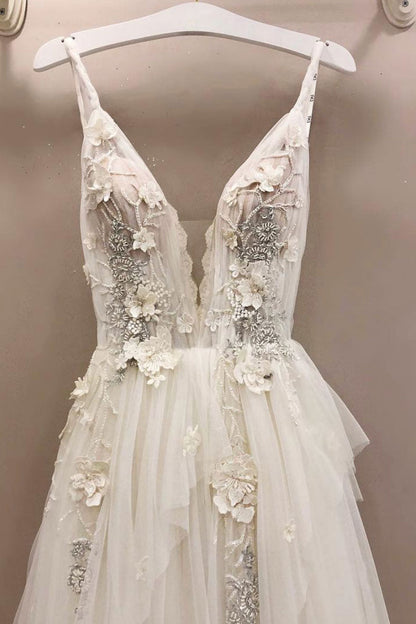 White v neck tulle lace prom dress