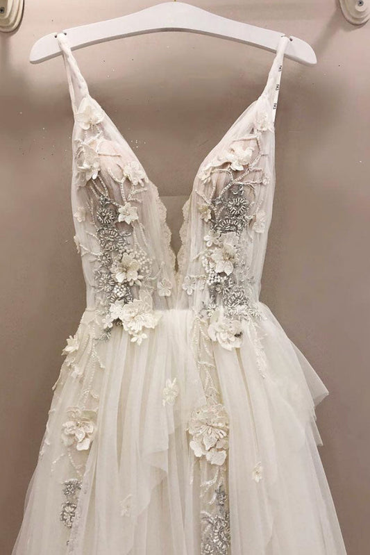 White v neck tulle lace prom dress