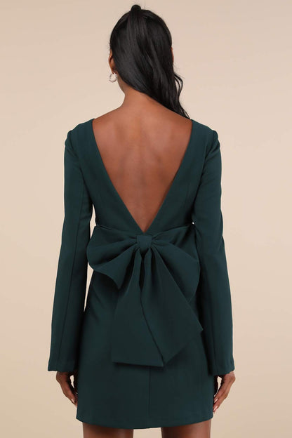 Emerald Bow Long Sleeve Backless Mini Dress