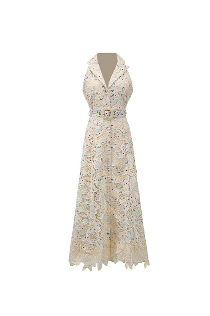 chloe sleeveless hollow lace maxi dress in beige