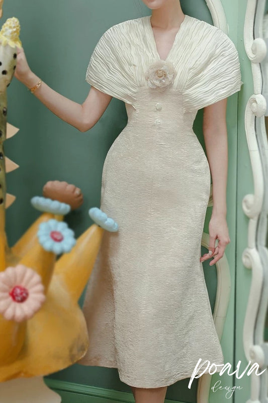 VENUS CHAMPAGNE STITCHED HIGH-WAISTED FISHTAIL MIDI DRESS