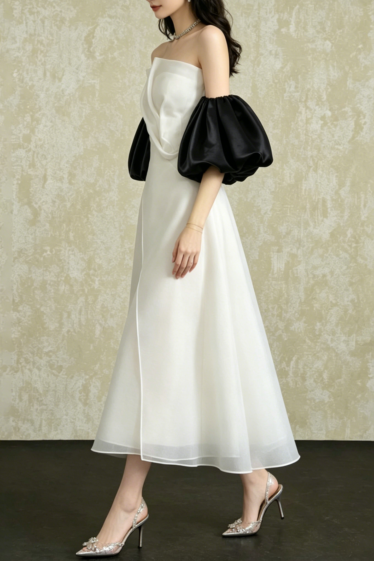 Strapless Layered Organza Midi Dress In White With Giant Puff Bubble Sleeves