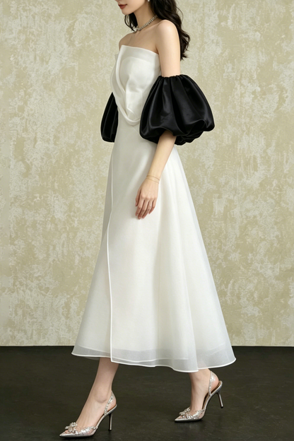 Strapless Layered Organza Midi Dress In White With Giant Puff Bubble Sleeves