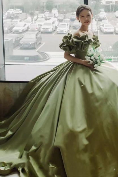 A-Line off Shoulder Satin Green Dress
