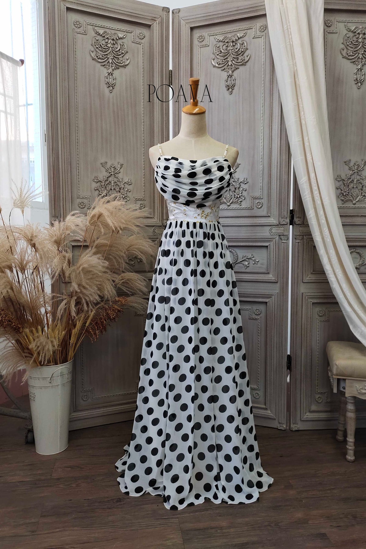 Chiffon Maxi Dress With Black Dots