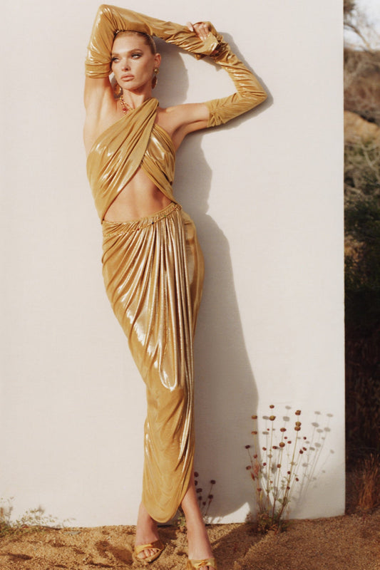 Gold ruched leather midi dress