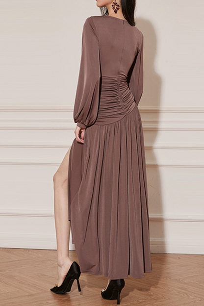 pleated cutout chiffon maxi dress in pale brown
