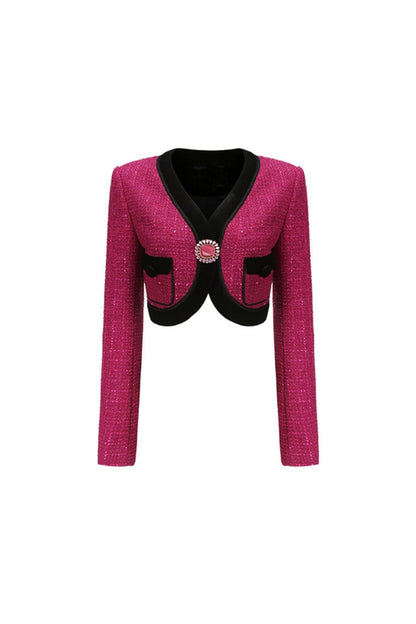 V NECK LONG SLEEVE PATCHWORK BUTTON VINTAGE SHORT COAT