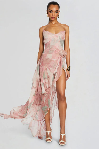 Ruffle floral backless maxi dress in pink