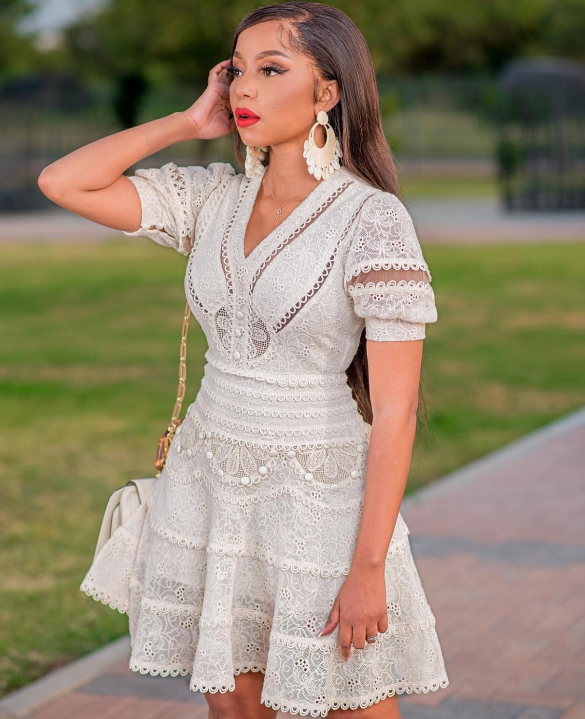 Embroidery V-NECK MINI DRESS IN BEIGE