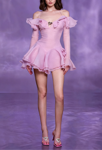 RUFFLED HALTER MINI DRESS IN PINK