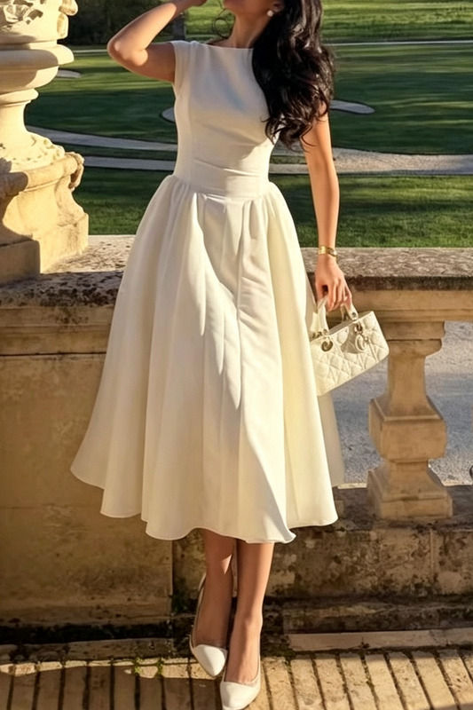 Ivory Structured Satin Fit-and-Flare Midi Dress