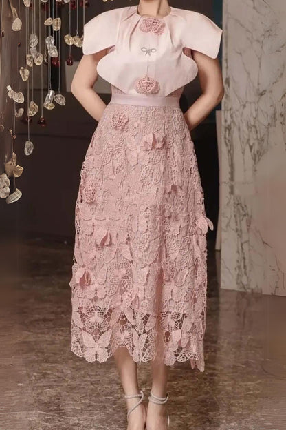 BUTTERFLY EMBROIDERY CLOAK SLEEVE MIDI DRESS IN PINK