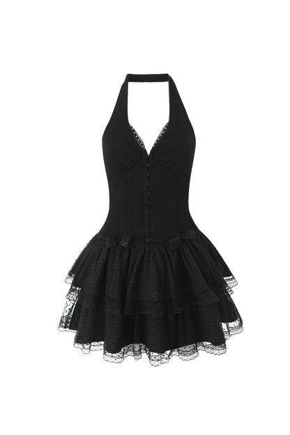 Mesh Halter Neck Corset Mini Dress in black