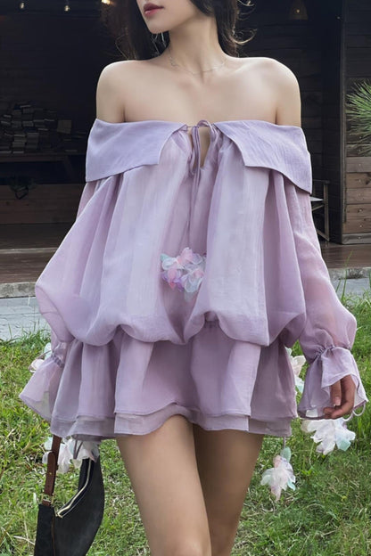 LACE COLD-SHOULDER MINI DRESS IN PURPLE