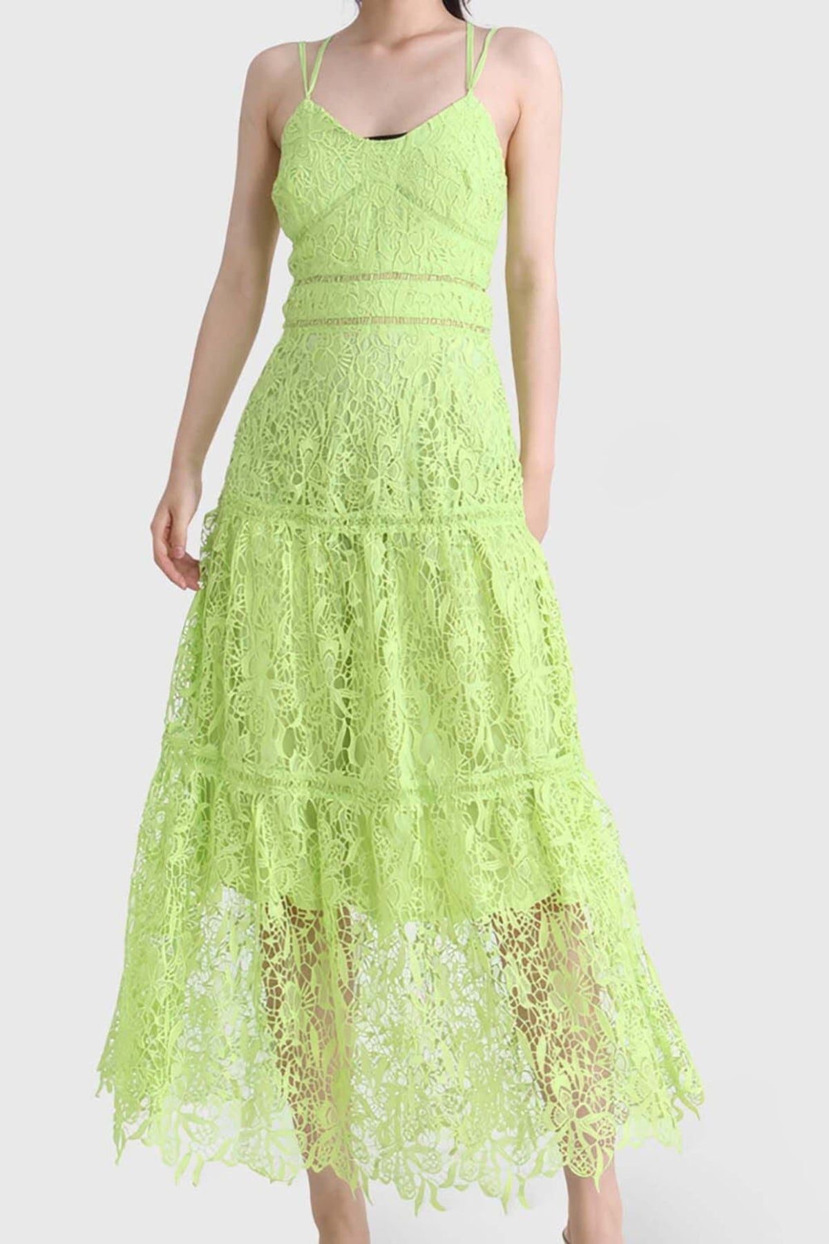 EMBROIDERY STRAPPY MIDI DRESS IN GREEN