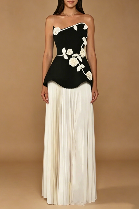 Strapless 3D Rose Appliqué Peplum Maxi Dress