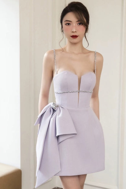 Purple bow strappy mini dress