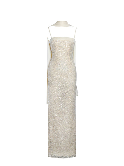 Raizel Gold Beaded Sequin Bodycon Gown with Scarf