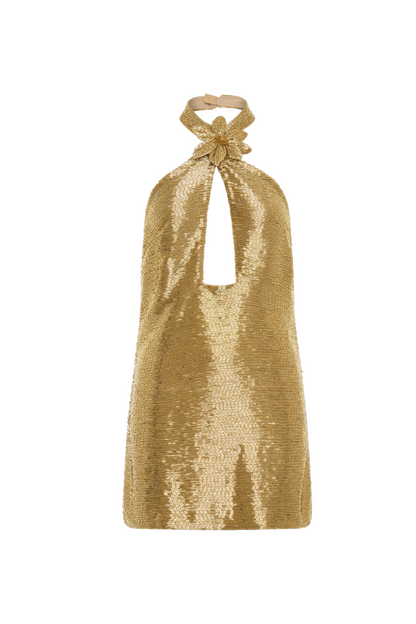 evelyn Beaded Halter Mini Dress in Gold