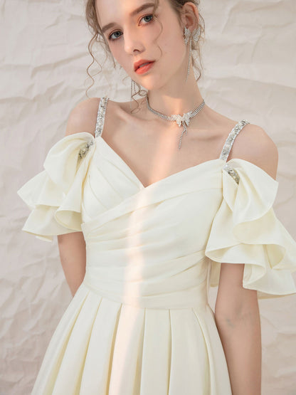 Light yellow satin midi prom dress