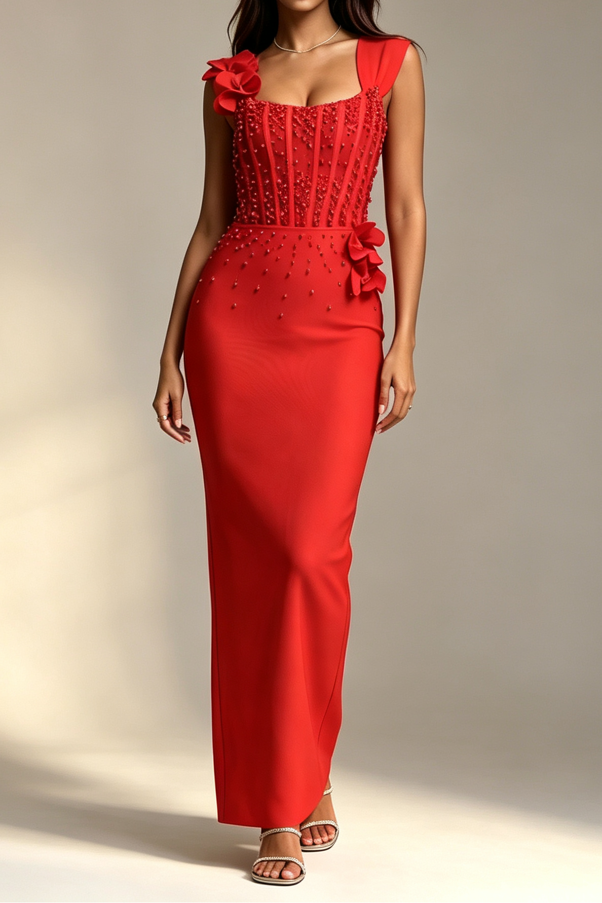 Red Square Neck Sleeveless Corset Beaded 3D Floral Bodycon Mermaid Maxi Dress