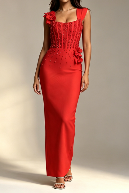 Red Square Neck Sleeveless Corset Beaded 3D Floral Bodycon Mermaid Maxi Dress