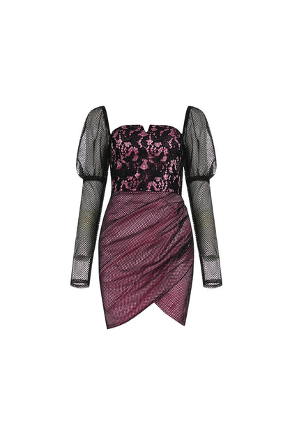 Embellished mesh mini dress in purple
