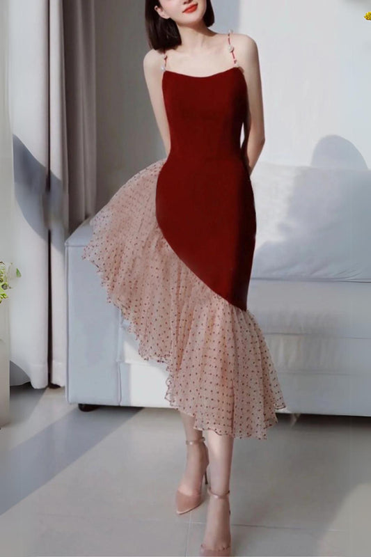 BURGUNDY SUSPENDER MIDI DRESS