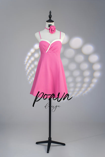 STRAP MINI DRESS WITH ROSE IN HOT PINK
